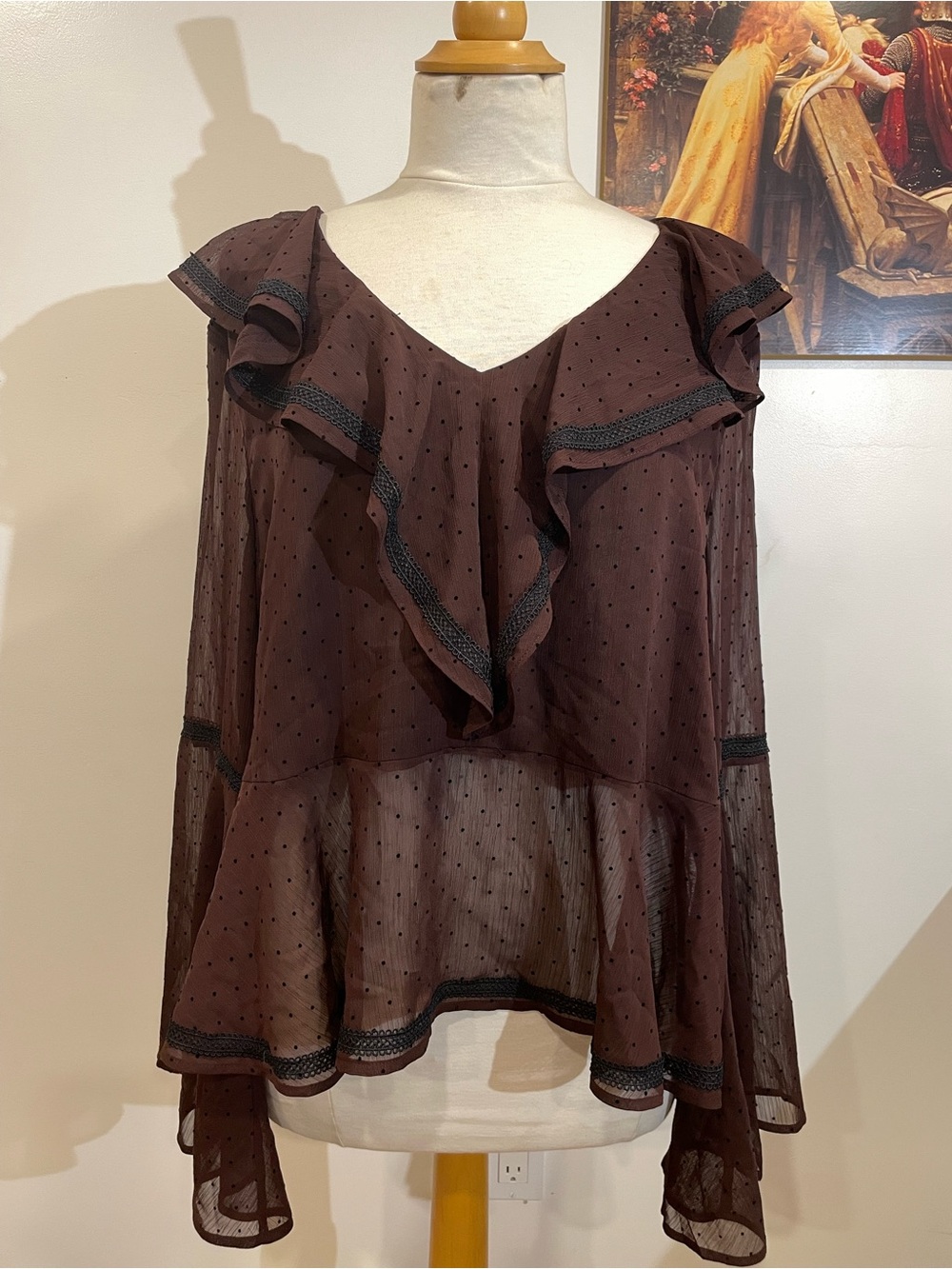 Flowy Romantic burgundy Whimsygoth sheer bell sleeve top for fall